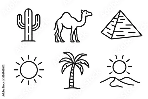 Fototapeta Desert icons: cactus, camel, pyramid, sun, and palm tree in simple line art