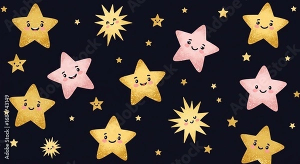 Fototapeta Whimsical gold and pink cartoon stars twinkle merrily against a dark night sky, creating a charming and playful celestial scene perfect for children's decor and themes