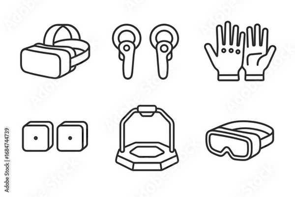 Fototapeta Virtual reality devices: headset, controllers, gloves, sensors, platform, goggles