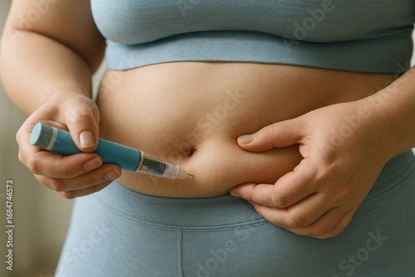 Fototapeta A plus-sized woman self-injects GLP-1medication using injector pen. Semaglutide treatment for weight loss. Faceless shot