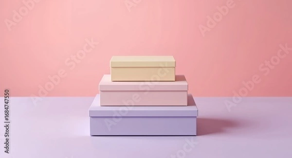 Fototapeta Three PastelColored Gift Boxes Stacked on a Table, Against a Pink Background.