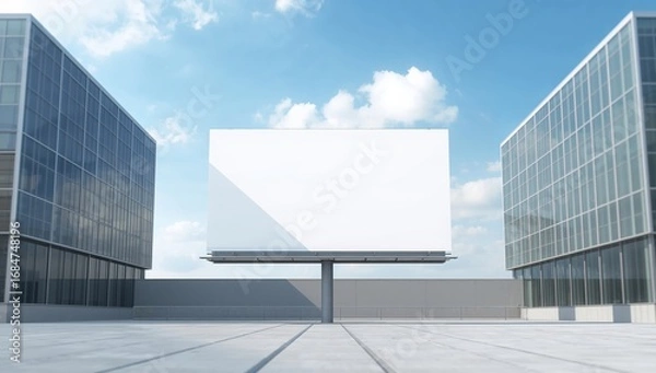 Fototapeta Urban Canvas. A Blank Billboard Between Glass Structures, Under a Bright Blue Sky.
