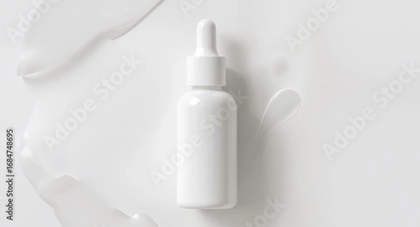 Fototapeta White cosmetic bottle with a pipette surrounded by smears of moisturizing cream.