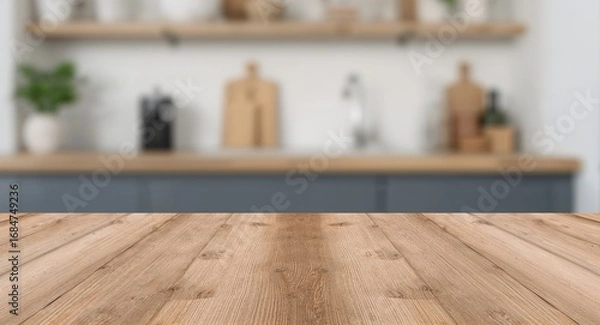 Fototapeta Wooden Tabletop with Blurred Kitchen Background for Product Placement or Display.