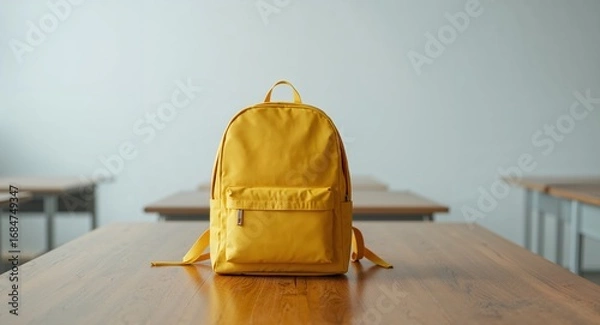Fototapeta Yellow Backpack on a Wooden Desk in a Classroom Setting, Focused on Education.