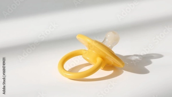 Fototapeta Yellow baby pacifier on a white background with shadows, minimalist style.
