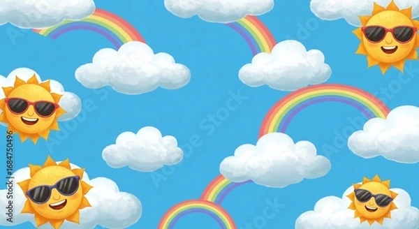 Fototapeta Joyful cartoon suns wearing sunglasses dance amongst fluffy clouds and vibrant rainbows against a clear blue sky, creating a cheerful and optimistic atmosphere perfect for children's themes.