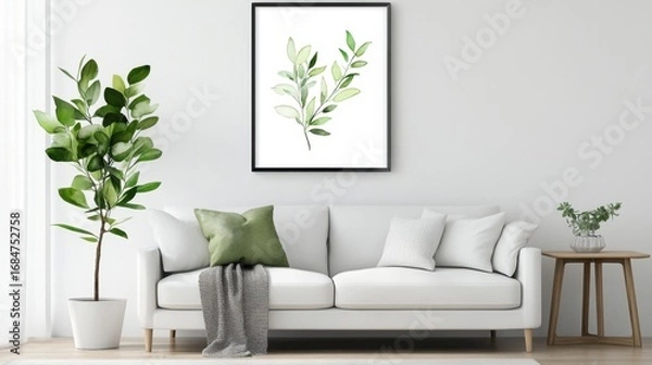 Fototapeta Watercolor olive branch with soft green leaves, minimalist botanical art