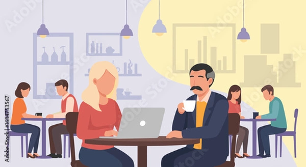 Fototapeta Professional colleagues collaborating or working remotely in a lively cafe. Business meeting, freelance work, or casual discussion.