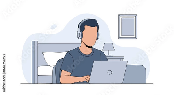 Fototapeta Man in bed with headphones and laptop, working or studying from home comfortably. Ideal for concepts of remote work, online education, or digital leisure.