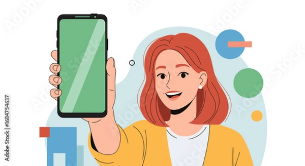 Fototapeta A cheerful woman presents a smartphone with a blank green screen, perfect for showcasing mobile apps, online services, or digital content. Ideal for technology, business, or lifestyle themes.