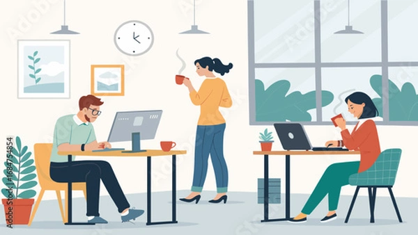 Fototapeta Team of diverse professionals collaborating and working efficiently in a bright, modern office. Promoting productivity, teamwork, and a positive work environment.