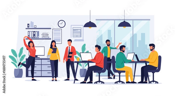 Fototapeta Diverse team of professionals working and collaborating in a modern open-plan office, highlighting productivity, teamwork, and employee well-being.
