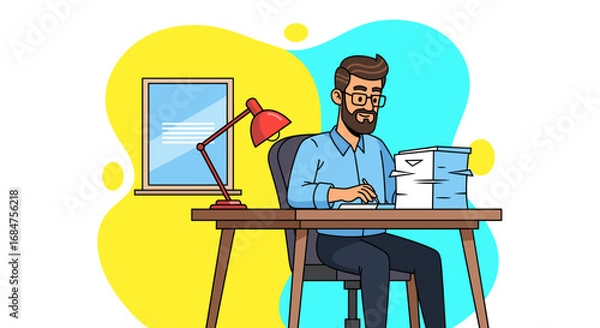 Fototapeta Focused professional man with glasses and a beard working diligently at his office desk, writing documents. Ideal for business, productivity, or administrative concepts.