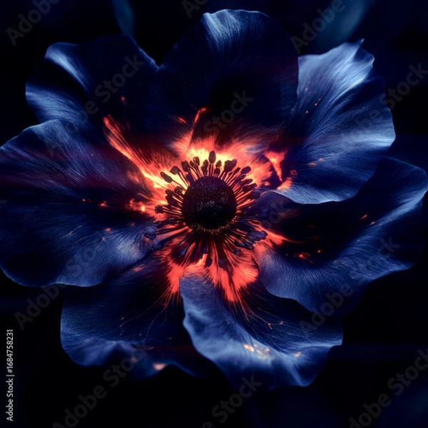 Fototapeta Digital illustration of a flower with a burning center from which bright waves of orange-red light emanate. The blue petals appear to be penetrated by heat, creating a striking effect