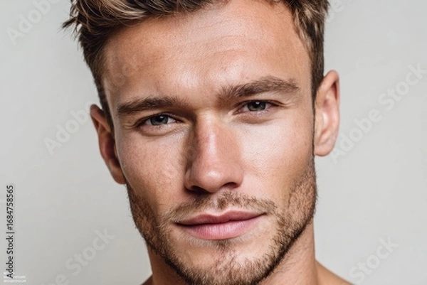 Obraz Close-up portrait of a man with a neutral expression, showcasing a clean-shaven face and light-brown hair, against a muted background.