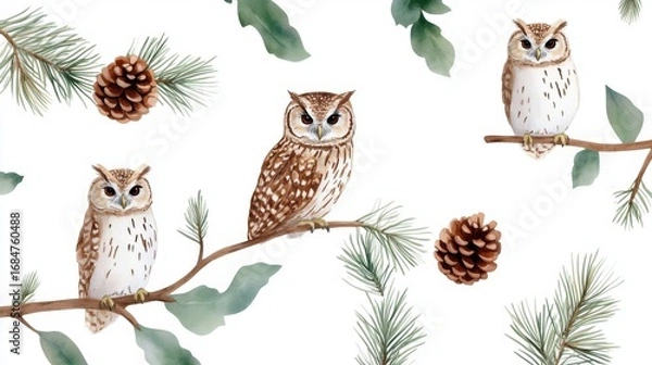 Fototapeta Woodland watercolor pattern with pinecones, green branches, and perched owls