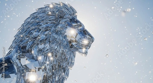 Fototapeta Sparkling Crystal Lion Sculpture with Light Reflections and Floating Particles