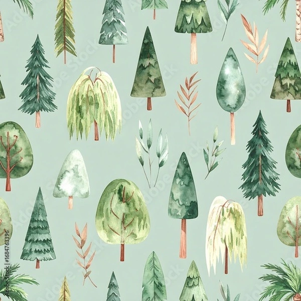 Fototapeta Watercolor forest pattern on a light teal background.  Various trees and foliage