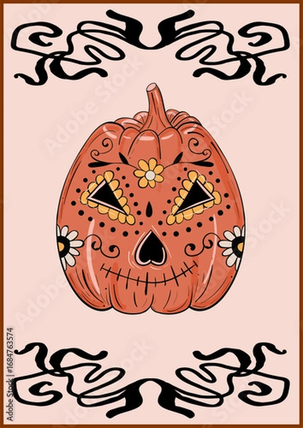 Fototapeta Colorful Halloween Card Design with Pumpkin Sugar Skulls. Mexican style poster