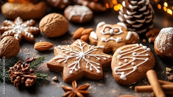 Fototapeta Gingerbread cookies with nuts dates and spices colorful