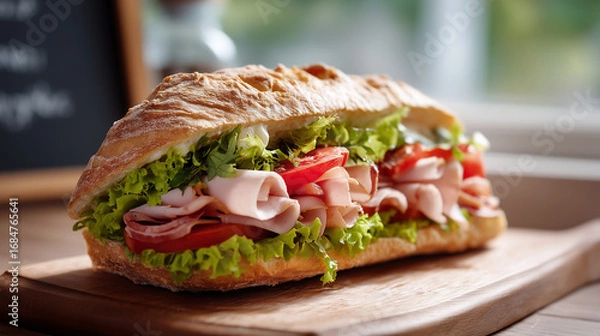 Fototapeta Fresh Deli Sandwich with Sliced Turkey, Lettuce, and Tomato on Crusty Baguette Served on Wooden Board
