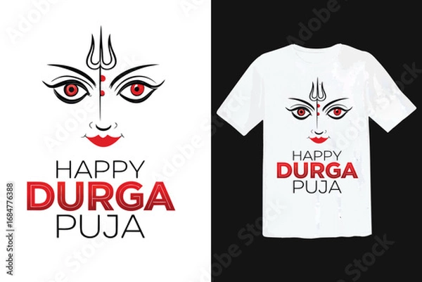 Fototapeta Goddess Durga face with Happy Durga Puja text and t-shirt design 
