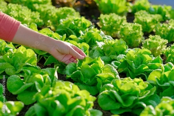 Fototapeta A woman's hands are hugging a large green vegetable plant in an organic vegetable patch. In the morning.
