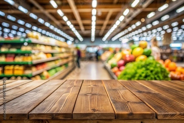Fototapeta Empty wood table top with supermarket blurred background for product display
