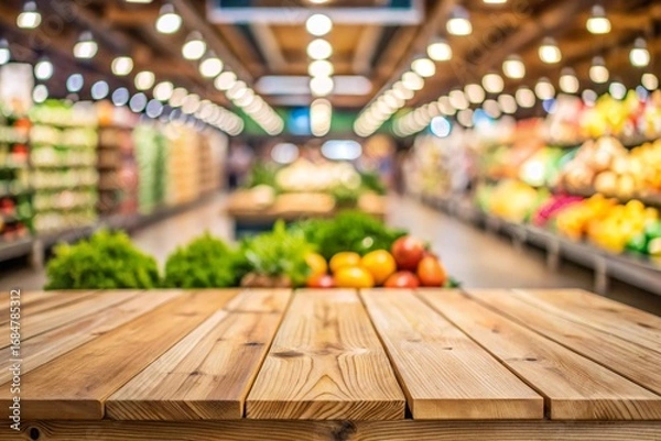 Fototapeta Empty wood table top with supermarket blurred background for product display