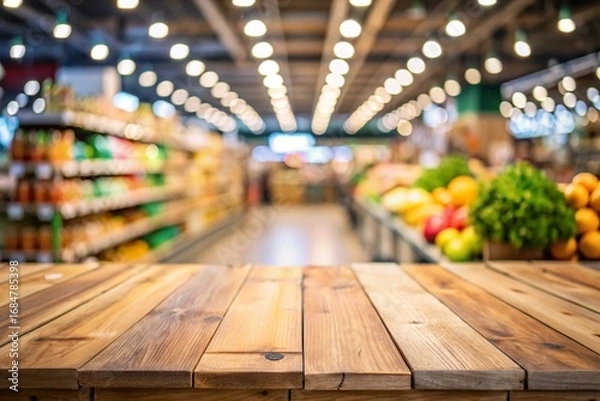 Fototapeta Empty wood table top with supermarket blurred background for product display