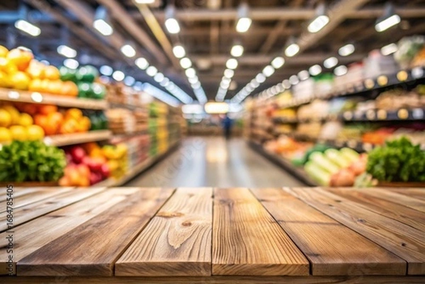 Fototapeta Empty wood table top with supermarket blurred background for product display