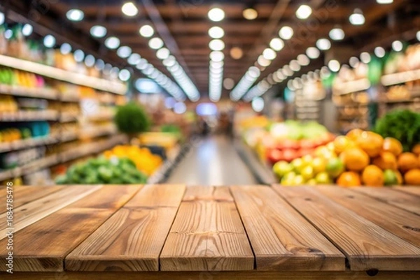 Fototapeta Empty wood table top with supermarket blurred background for product display