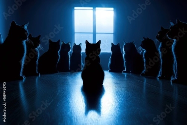 Fototapeta Mysterious gathering of cats dimly lit room photography nighttime front view enigmatic atmosphere