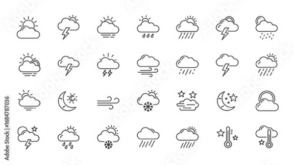 Fototapeta Weather Icons Set | Thin Line Editable Stroke Symbol Collection for Forecast and Climate