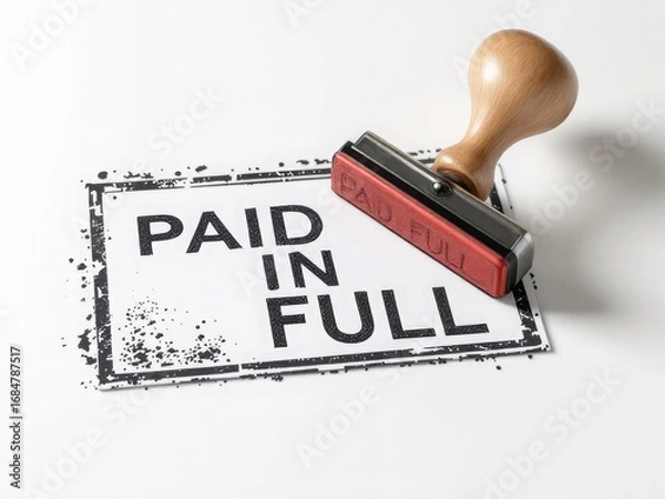 Fototapeta Rubber stamp with the text 'PAID IN FULL' clearly embossed on its surface The stamp is centered over a pristine white background