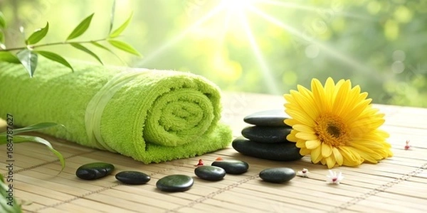 Obraz Still life of green towel stones and yellow flower on bamboo matting