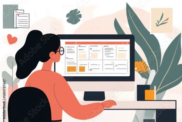 Fototapeta Working from home digital productivity home office illustration indoor over-the-shoulder view remote work