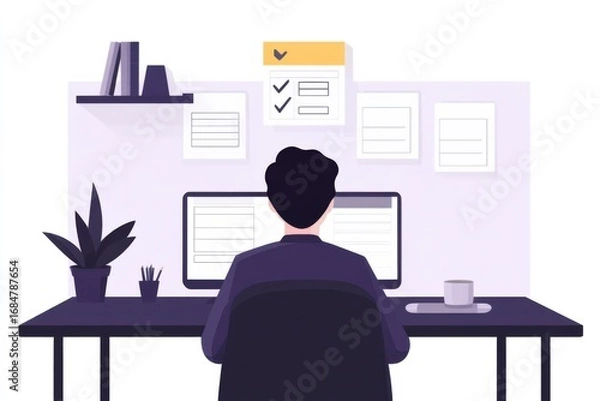Fototapeta Remote work setup home office digital workspace modern environment rear view productivity focus