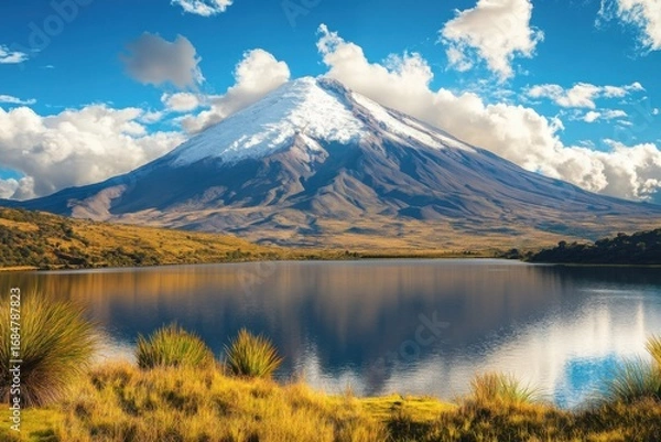 Fototapeta Hiking adventure near snow-capped mountain lake area nature photography idyllic setting wide-angle view serenity