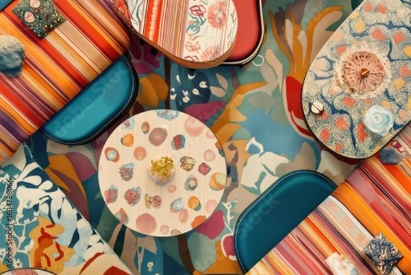 Fototapeta Creative vibrant table arrangement art event colorful background in artistic decor aerial view for inspiring atmosphere