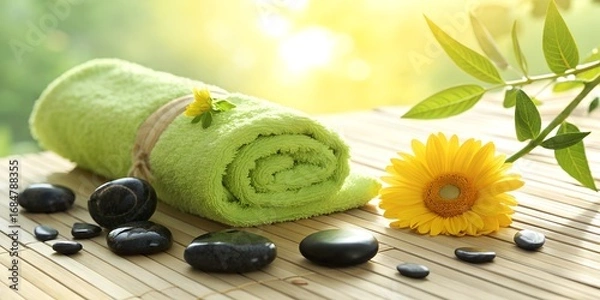 Obraz Still life of spa elements with towel stones and flower on bamboo mat
