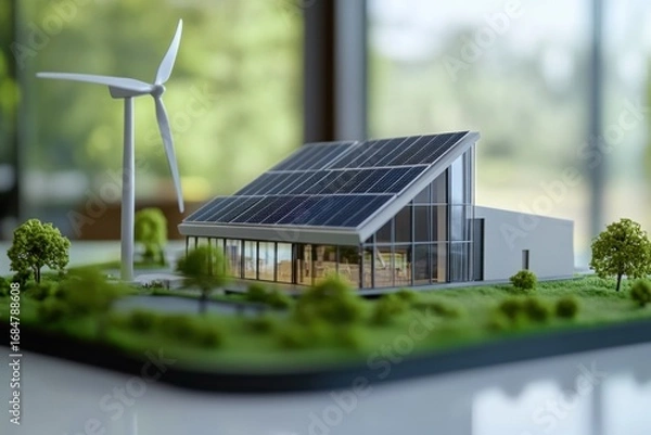 Fototapeta Renewable energy model featuring solar panels and wind turbine in modern architecture indoor environment close-up view