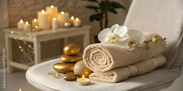 Obraz Spa setting with towels, orchid, candles, and golden stones on chair