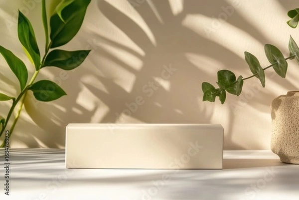 Fototapeta Captivating still life composition featuring minimalist box and greenery indoor space natural light serenity