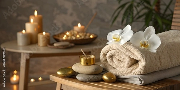 Obraz Spa scene with towels, orchids, candles, and stones on wooden surface