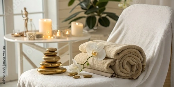 Obraz Spa scene with towels, stones, and candles arranged on a white chair