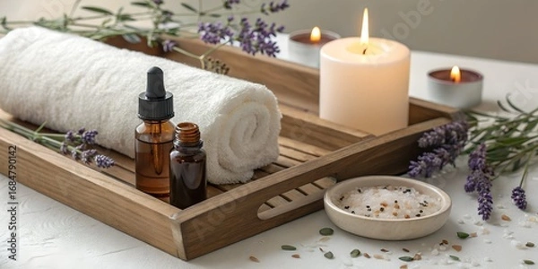 Obraz Spa essentials on wooden tray with candles and lavender decoration