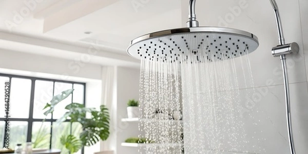 Obraz Close up of a chrome shower head with water running in a modern bathroom