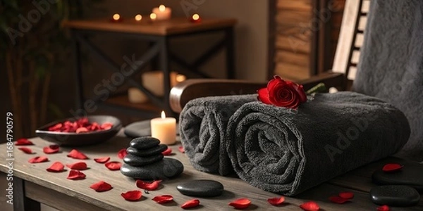 Obraz Spa setting with towels, rose, candle, stones and scattered rose petals
